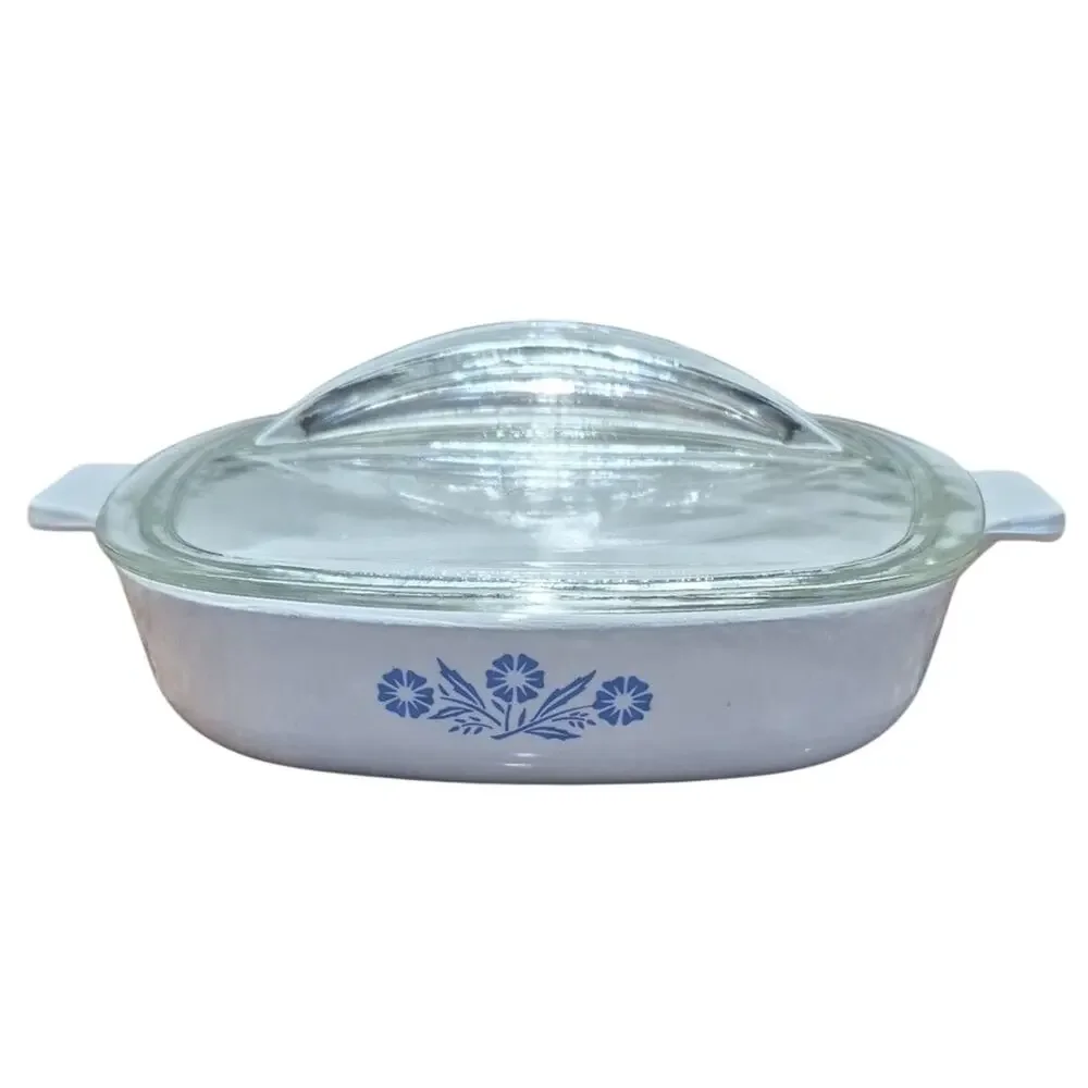 Corning Ware P-7-B White Baking Casserole with Blue Cornflower and Glass Lid